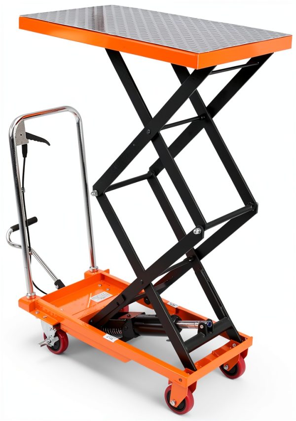 Garvee Manual Hydraulic Scissor Lift Table, 330lbs Capacity Double Scissor Industrial Cart with 4 Wheels, Anti-Slip Platform, 50" Max Height Adjustable Mobile Elevating Cart, Orange-0