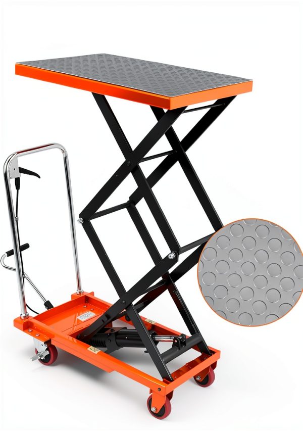Garvee Manual Hydraulic Scissor Lift Table, 330lbs Capacity Double Scissor Industrial Cart with 4 Wheels, Anti-Slip Platform, 50" Max Height Adjustable Mobile Elevating Cart, Orange-2